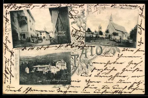 AK Taio, Albergo Corona, Chiesa di S. Maria, Castel Brughiero
