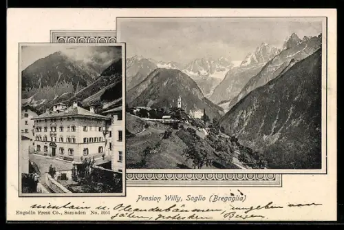 AK Soglio / Bregaglia, Ortsansicht gegen die Alpen, Pension Willy