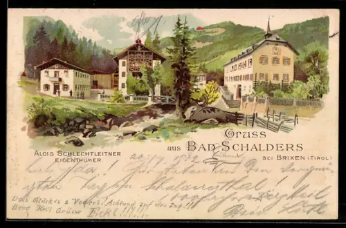 Künstler-AK Bad Schalders b. Brixen, Ortsansicht mit Bachlauf