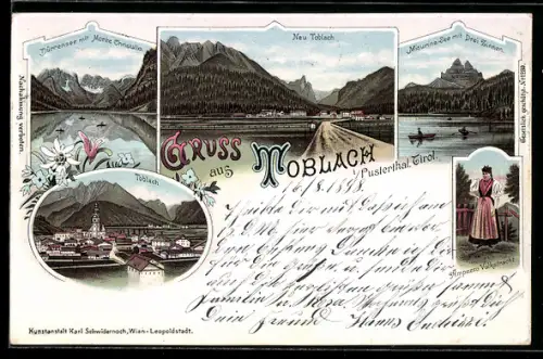 Lithographie Toblach, Gesamtansicht, Dürrensee mit Monte Christallo, Misurina-See mit Drei Zinnen, Ampezzo-Tracht