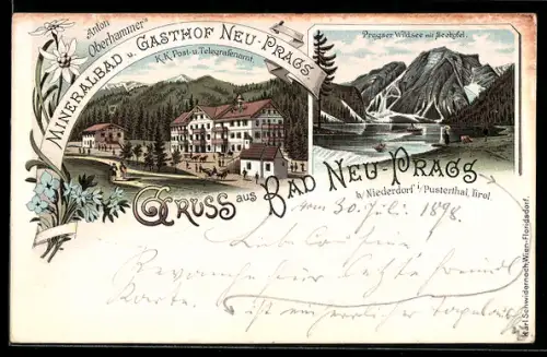 Lithographie Bad Neu-Prags b. Niederdorf, Mineralbad und Gasthof mit Pragser Wildsee