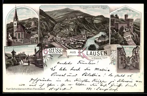 Lithographie Klausen a. Eisack, Panorama mit Kloster Säben, Pfarrkirche, Schloss Gerstein