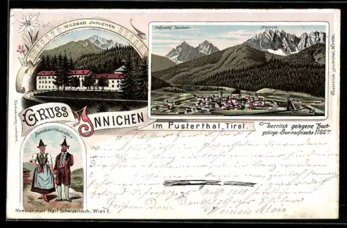 Lithographie Innichen /Pusterthal, Panorama mit Haunold, Paar in Tracht