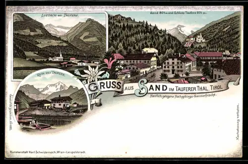 Lithographie Sand im Tauferer Tal, Totalansicht mit Schloss Taufers, Luttach bei Taufers, Rein bei Taufers
