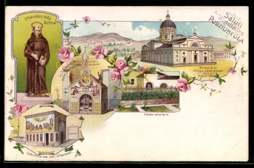 Lithographie Portiuncule / Portiunkula, Wallfahrtskirche, Sterbezelle des H. Franz von Assisi