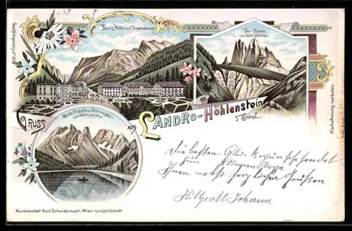 Lithographie Landro-Höhlenstein, Baurs Hotel und Dependancen, Drei Zinnen