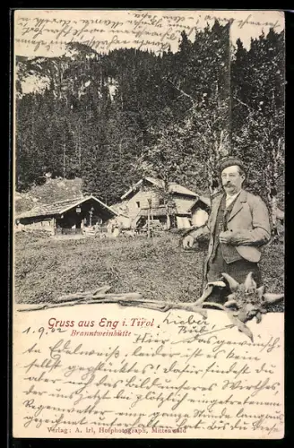 AK Hinterriss /Tirol, Gruss aus Eng, Branntweinhütte mit Wirt