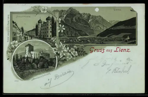 Mondschein-Lithographie Lienz, Schloss Bruck, Stadtplatz