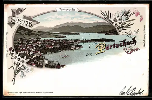 Lithographie Pörtschach a. See, Ortsansicht mit Dampfer