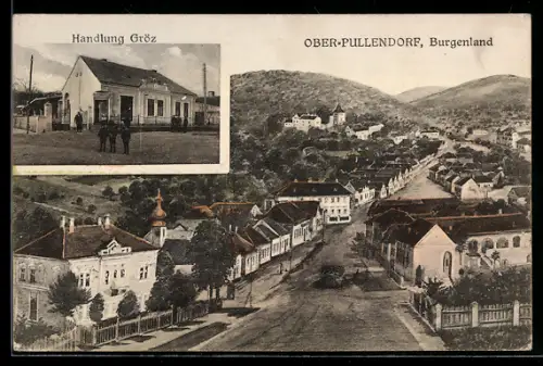 AK Ober-Pullendorf /Burgenland, Handlung Gröz, Ortsansicht mit Strasse und Bergpanorama aus der Vogelschau