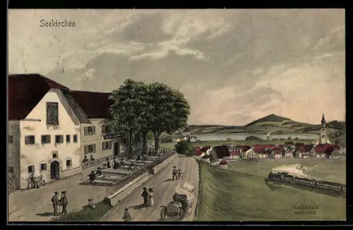 Künstler-AK sign. Hans Pernat: Seekirchen, Ortsansicht vom Gasthaus aus, mit Eisenbahn