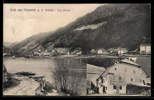AK Kirchberg ob der Donau, Obermühl an der Donau, Gasthaus im Ort, Donaupartie