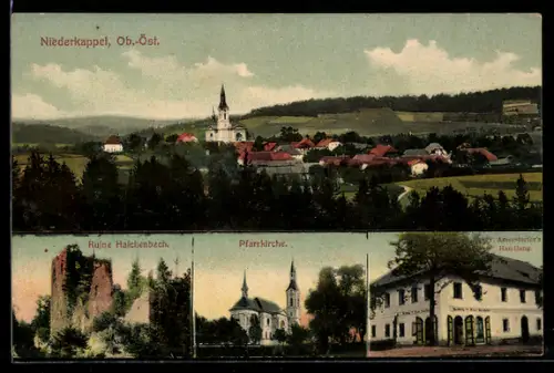 AK Niederkappel /Ob.-Öst., Fr. Amerstorfers Handlung, Ruine Haichenbach, Pfarrkirche