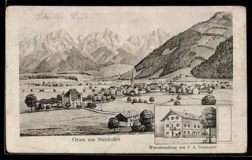 Künstler-AK Maishofen, Warenhandlung F. A. Neumayer, Blick in den Ort