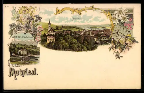 Lithographie Murnau, Stahlbad Staffelsee, Blick über den Ort mit Kirche