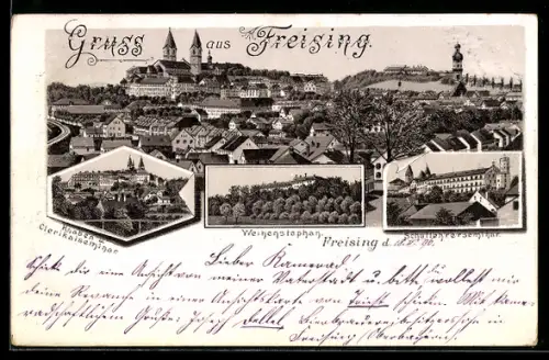 Lithographie Freising, Weihenstephan, Knaben und Clerikalseminar, Schullehrerseminar