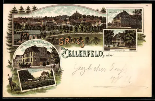 Lithographie Zellerfeld, Hotel Deutsches Haus, Bes. R. Lüder, Kurhaus Untermühle, Bergapotheke