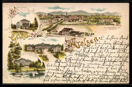 Lithographie Arolsen, Fürstliches Residenzschloss, Schlossteich, Bahnhof