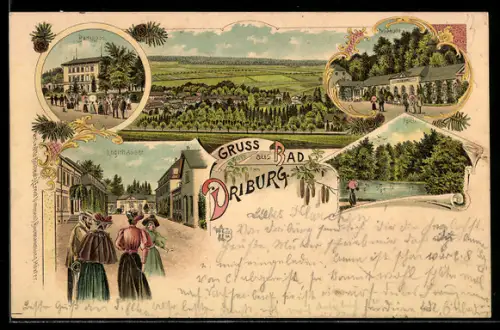Lithographie Bad Driburg, Lorgierhäuser, Trinkhalle, Badehaus