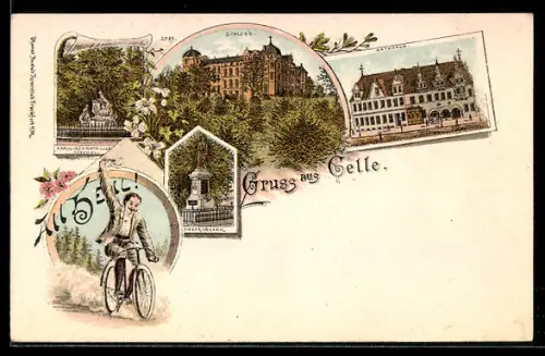 Lithographie Celle, Schloss, Rathaus, Kriegerdenkmal und Fahrradfahrer