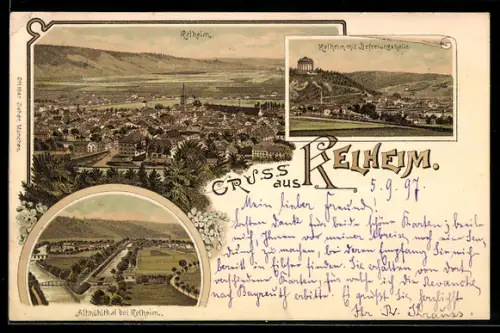 Lithographie Kelheim, Panorama mit Befreiungshalle, Altmühltal