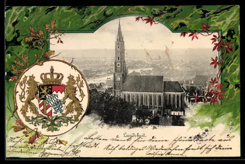 Passepartout-Lithographie Landshut, Panorama mit Kirche, Wappen und Eichenzweig