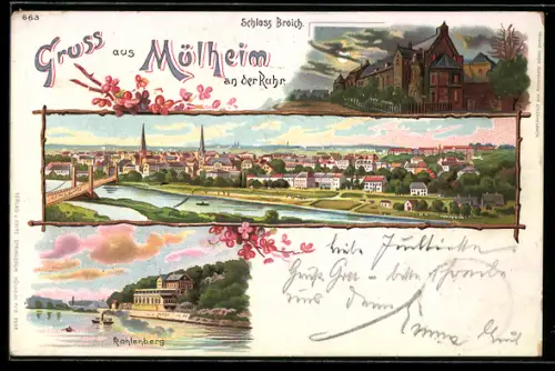 Lithographie Mülheim, Kahlenberg, Schloss Broich, Panorama