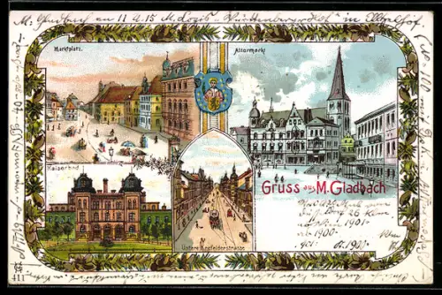 Lithographie M.-Gladbach, Kaiserbad, Marktplatz aus der Vogelschau, Altermarkt, Wappen