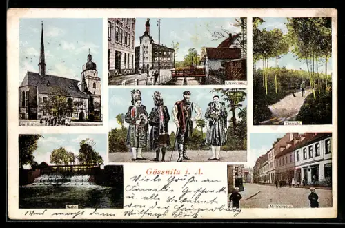 AK Gössnitz i. A., Mittelstrasse, Uferstrasse, Wehr, Tannicht, Kirche