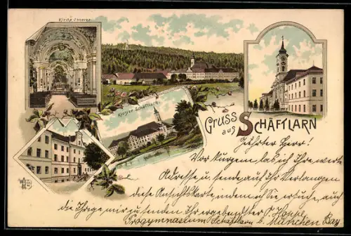 Lithographie Schäftlarn, Kloster, Inneres der Kirche, Strassenpartie