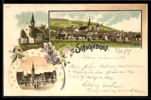Lithographie Schwandorf, Marktplatz, Kreuzbergkirche, Gesamtansicht