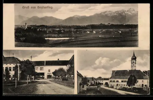 AK Beyharting, Totalansicht und Strassenpartie mit Kirche