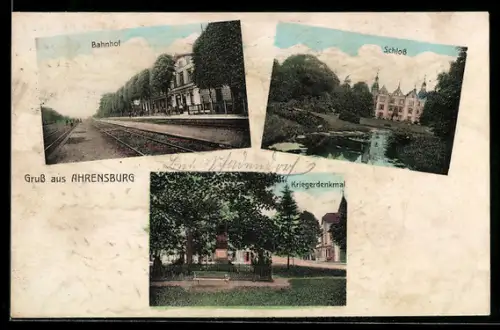 AK Ahrensburg, Bahnhof, Schloss, Kriegerdenkmal