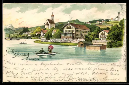Lithographie Schondorf am Ammersee, Gasthof am See
