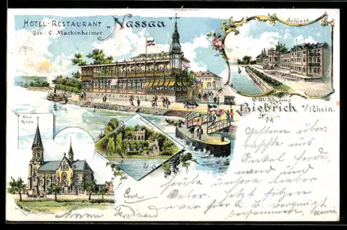 Lithographie Biebrich, Hotel und Restaurant Nassau, Moosburg, Schloss