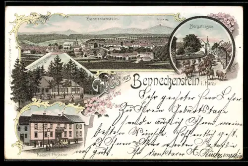 Lithographie Benneckenstein /Harz, Gasthaus Waldschlösschen, Postamt, Bergstrasse, Totalansicht mit Brocken