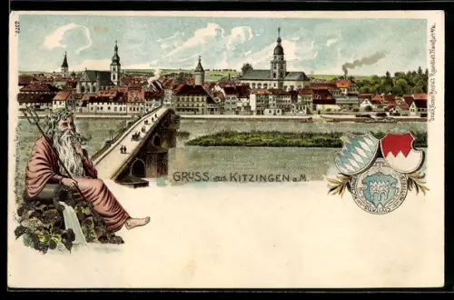 Lithographie Kitzingen a. M., Flusspartie mit Brücke, Wappen, mit Glitzerperlen verziert