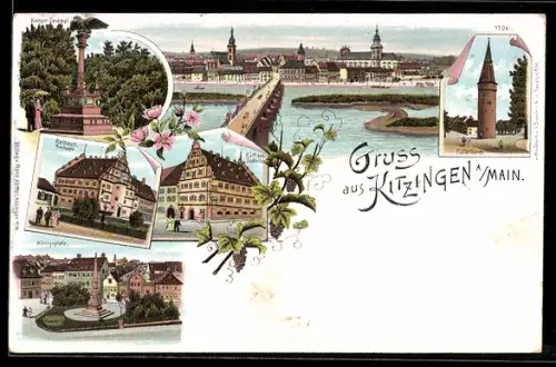 Lithographie Kitzingen, Rathaus, Königsplatz, Falterthurm, Ortsansicht