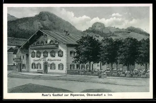 Künstler-AK Hans Pernat: Oberaudorf a. Inn, Auer`s Gasthof zur Alpenrose, Inh. Jos. A. Halmheu