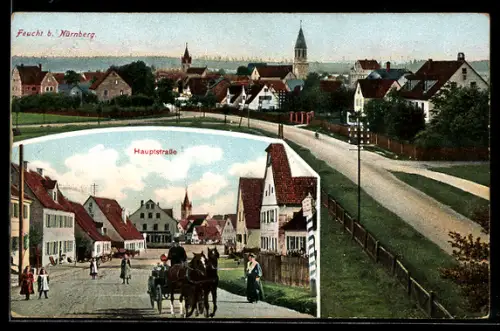 AK Feucht, Inneres der Orts-Hauptstrasse un Ortsansicht mit Schloss, Forsthaus und Industrieschule