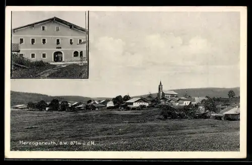 AK Herzogsreuth, Gasthaus, Ortsansicht mit Kirche