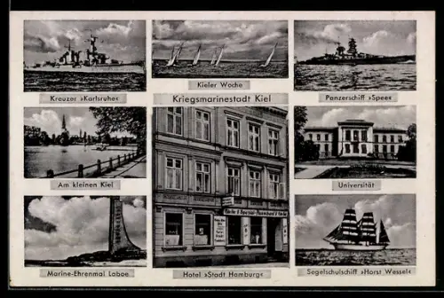 AK Kiel, Kieler Woche, Hotel Stadt Hamburg, Inh. H. Bueb, Am Fleethorn 24, Panzerschiff Spee, Universität