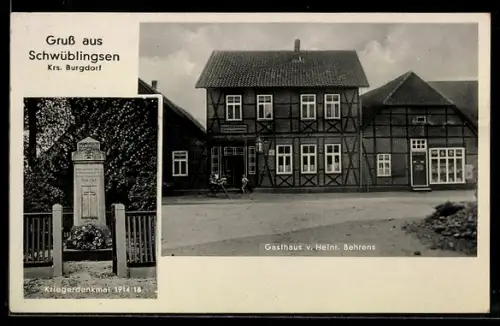 AK Schwüblingsen /Burgdorf, Gasthaus v. Heinr. Behrens, Kriegerdenkmal 1914-1918