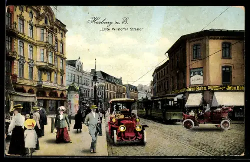 AK Hamburg-Harburg, Erste Wilstorfer Strasse mit Strassenbahn und Litfasssäule