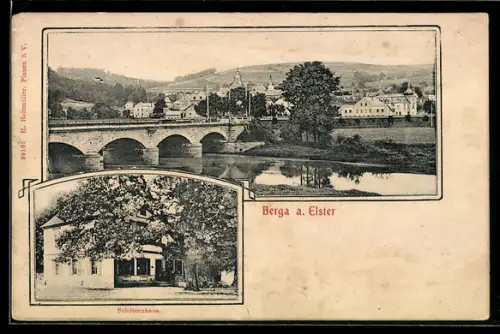 AK Berga a. Elster, Schützenhaus, Flusspartie mit Brücke