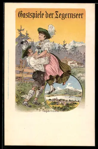 Lithographie Tegernsee, Gastspiele der Tegernseer, Trachtenpaar beim Tanzen