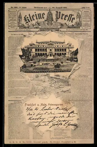 Zeitungs-AK Frankfurt-Westend, Kleine Presse, Palmengarten durch zerrissenes Papier