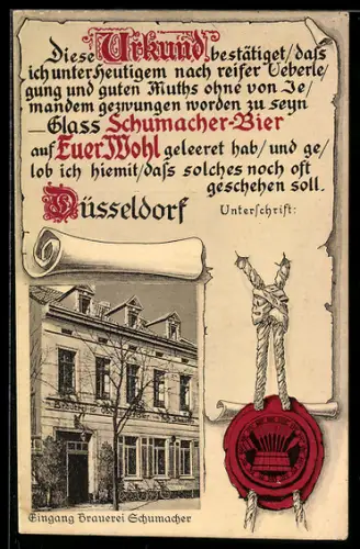AK Düsseldorf, Brauerei Schumacher, Oststrasse 123, Urkunde mit Siegel