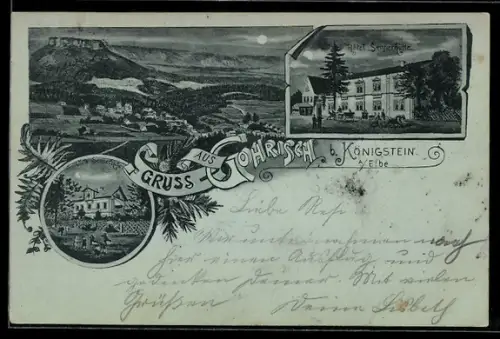 Mondschein-Lithographie Königstein a. Elbe., Totalansicht, Hotel Sennerhütte und Villa Sennerhütte