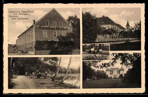 AK Milkel, Gasthof u. Fleischerei mit Tanzsaal, Bes. O. Kohlmann, Schloss, Störche